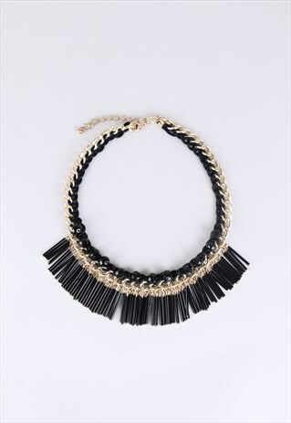 GOLD CHAIN NECKLACE WITH BLACK THREADING AND BEADWORK