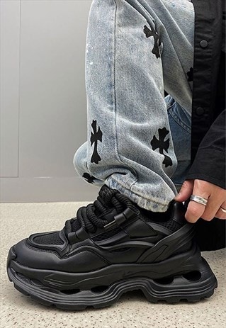 PLATFORM SNEAKERS CHUNKY SOLE TRAINERS SKATER SHOES BLACK 