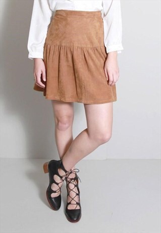 VINTAGE 1970'S SOFT BROWN SUEDE FLARED MINI SKIRT