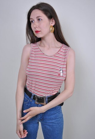 90S STRIPED TANK TOP WITH CUTE CARTOON DOG, SIZE M