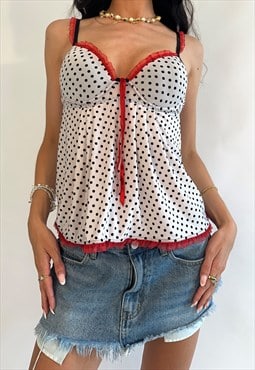 00s Intima White, Black & Red Polka Dot Babydoll Corset Top