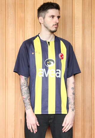VINTAGE 1990S NAVY BLUE AND YELLOW STRIPED FOOTBALL SHIRT
