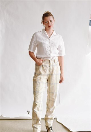 VINTAGE 80S MOM STYLE BEIGE CHECK TROUSERS