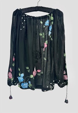 70's Vintage Black Indian Cotton Sheer Hand Painted Blouse