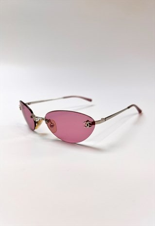 Chanel Sunglasses Rimless Pink Oval CC Logo Silver Monogram