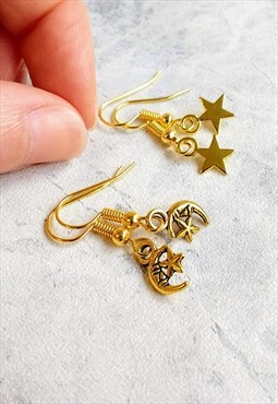 Tiny Celestial Golden Moon and Star Earrings 2 Pair Set