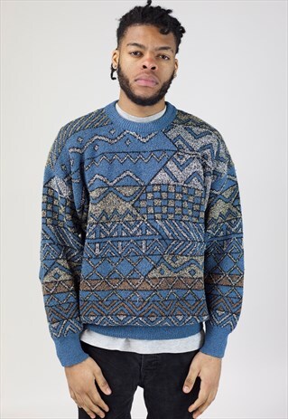 VINTAGE 90S BLUE AND GREY PATTERNED KNIT JUMPER