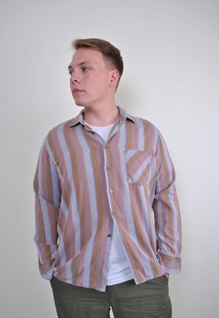 80S PINK STRIPED SHIRT, VINTAGE LONG SLEEVE PATTERN BUTTON
