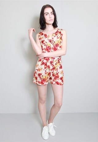 VINTAGE 1980'S WHITE FLORAL PATTERNED PLAYSUIT.