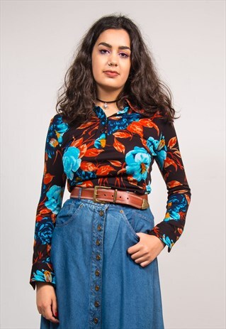 VINTAGE 70'S FLORAL PATTERN BIG POINTY COLLAR BLOUSE SHIRT