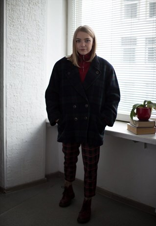 VINTAGE 80'S BLACK/GREEN CHECK WOOL DOUBLE BREASTED JACKET