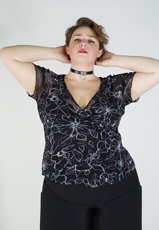 VINTAGE 90S Y2K FLORAL MESH SHEER LACE TOP