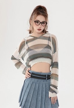 Transparent hooded sweater sheer knitted stripe jumper blue