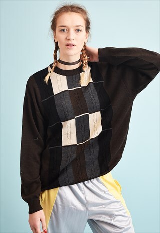 90'S RETRO CHECKED PATTERN OVERSIZED DADS KNIT JUMPER