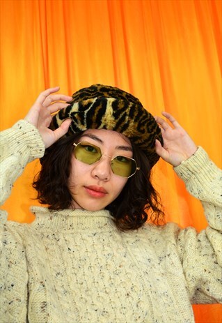 VINTAGE 90S BUCKET HAT FAUX FUR LEOPARD ANIMAL PRINT