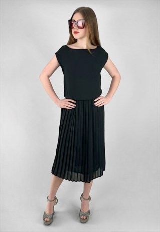 80'S VINTAGE SLEEVELESS BLACK PLEATED LADIES MIDI DRESS