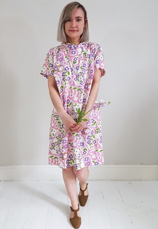 VINTAGE 60'S 70'S PINK AND FLORAL COWL NECK SHIFT DRESS