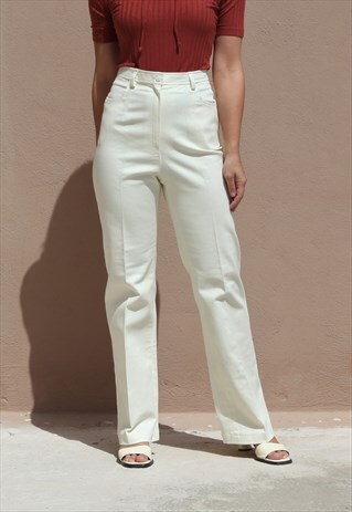 CREAM SLIGHTLY FLARED COTTON STRETCH HIGH WAIST JEANS,PANTS