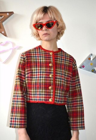 VINTAGE 70'S CHECKED WOOL CROPPED JACKET