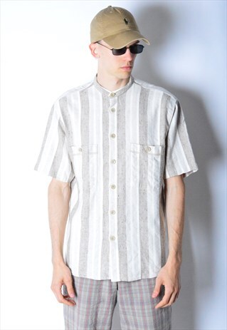 VINTAGE 90S BEIGE STRIPED COLLARLESS SHIRT