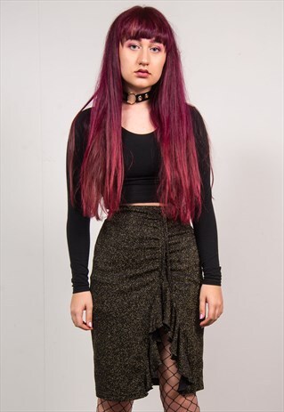 VINTAGE 90'S GOLD SPARKLY HIGH WAIST RUCHED HEM SKIRT