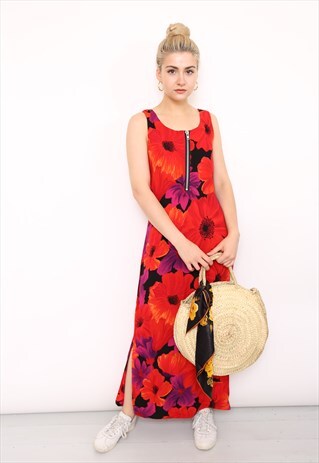 VINTAGE 90S REWORKED RED FLORAL MIDI DRESS