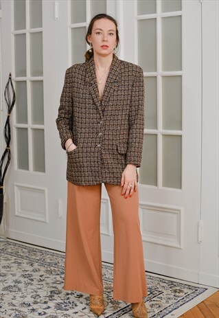 TWEED BLAZER CHECKER BROWN LINED TAIL COAT JACKET RETRO XL