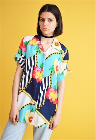 90'S RETRO ABSTRACT & FLORAL PRINT OVERSIZED SHIRT TOP