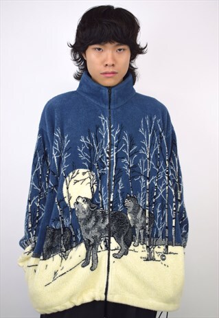 VINTAGE 90S BLUE WHITE WOLF FLEECE JACKET
