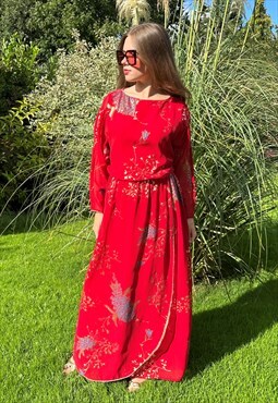 Murek Modell Vintage Ladies 70's Red Gold Floral Maxi Dress 