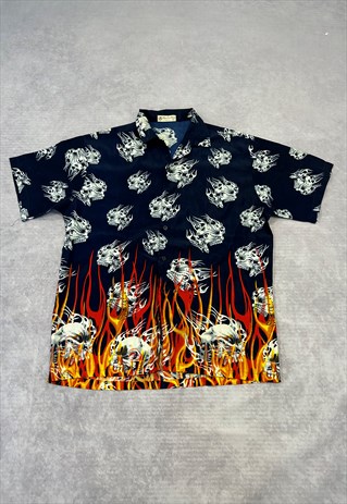 Y2K Flame and Skull Shirt Grunge Graphic Short Sleeve Shirt