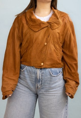 VINTAGE  LEATHER JACKET CAZADORA IN BROWN L