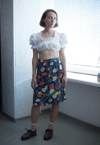 VINTAGE 80'S FLOWER PATTERNED A-LINE MIDI SKIRT