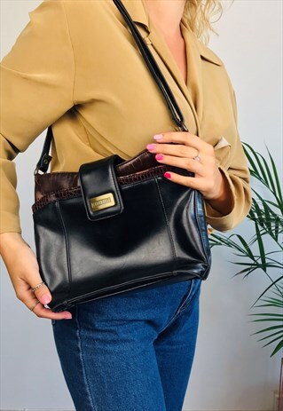VINTAGE CLUBHOUSE LEATHER BROWN AND BLACK SHOULDER BAG
