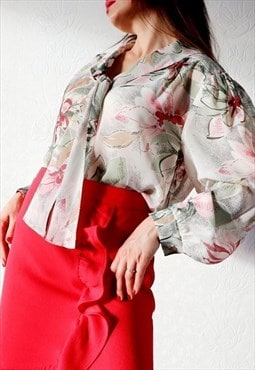 Patterned Vintage Blouse Oversized Puffy Sleeves 80s Floral 