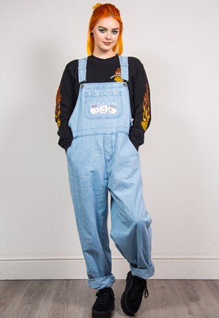 VINTAGE 90'S LIGHT BLUE SNOWMAN EMBROIDERED LONG DUNGAREES
