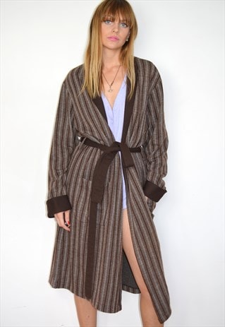 VINTAGE 70S LONG BROWN SMOKING JACKET DRESSING GOWN CARDIGAN