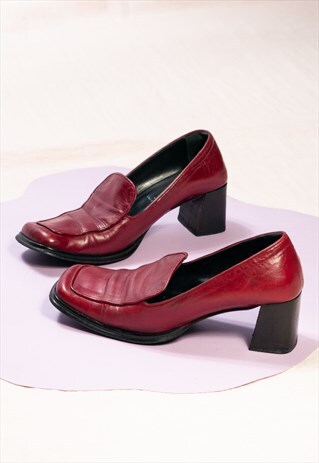 Vintage Leather Shoes 90s Square Toe Heels in Maroon