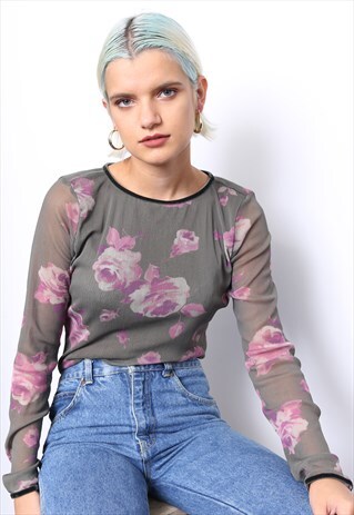 VINTAGE 90S Y2K GREEN PURPLE FLOWER NET TOP