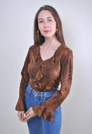 80S VINTAGE WOMEN BROWN RUFFLE BLOUSE, SIZE S