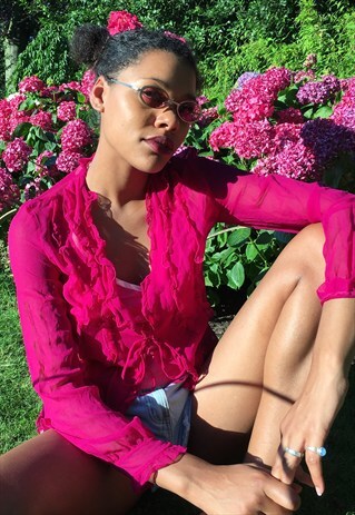 HOT PINK SILK RUFFLES BLOUSE