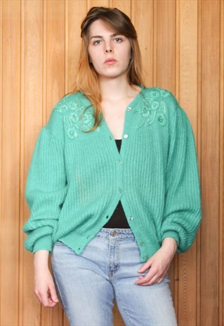 VINTAGE 1980S TURQUOISE FLORAL PATTERNED CARDIGAN