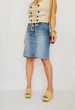  Retro 90s blue denim jeans Western midi pencil skirt