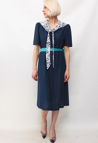 VINTAGE 60' BEAUTIFUL MIDI NAVY BLUE DRESS WITH A SCARF