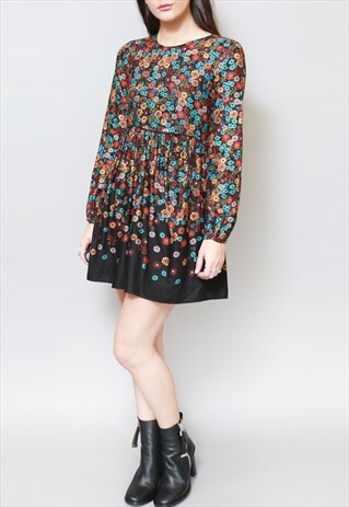 VINTAGE 1970'S MULTI COLOUR FOLK PRAIRIE FLORAL MINI DRESS