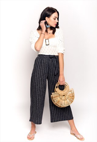 CY CLASSIC STRIPE PRINT COTTON BLEND WIDE LEG TROUSERS BLUE