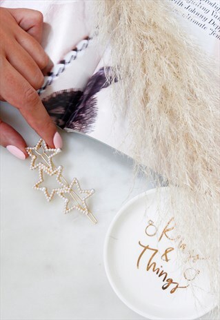 GOLD PEARL TRIPLE STAR BARRETTE HAIR CLIP PIN