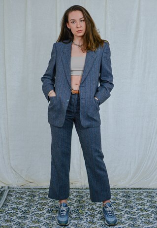 VINTAGE MEN'S SUIT WOOL VINTAGE 80S BLUE STRIPED PANTSUIT L
