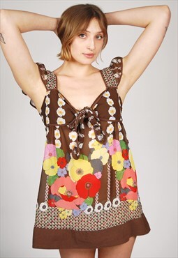 Sheer Floral Dress (L) vintage Y2K brown flowy cap sleeve