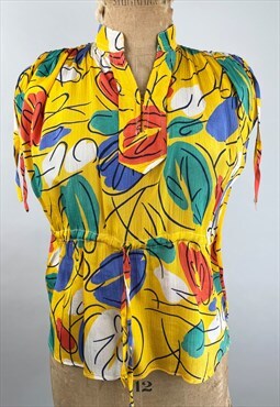 70's Yellow Floral Grecian Crepe Ladies Blouse Small